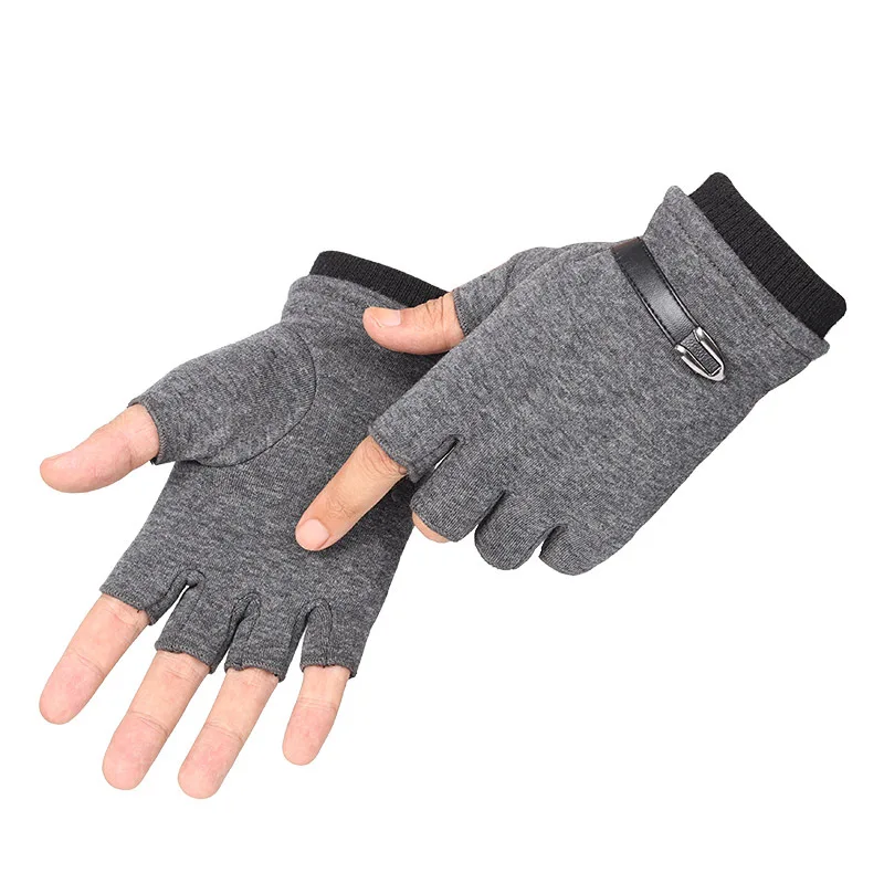 Мужские перчатки без пальцев, зимние теплые бархатные перчатки с сенсорным экраном, полпальца, полные перчатки, жаккардовые вязаные перчатки для вождения, Осенние перчатки, черные - Цвет: Half Finger-Grey