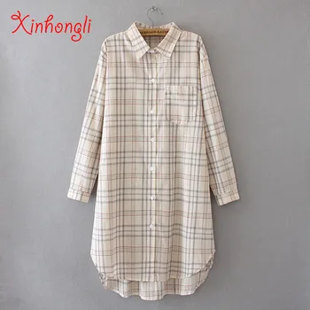 

Plus size Plaid pocket long blouse female 2020 NEW spring autumn casual ladies women cotton shirts oversize pink khaki