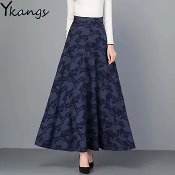 

Vintage Cotton Jacquard Plus Size Maxi Skirts Women Spring Elastic High Waist A-Line Pleated Skirts Elegant Black Red loose saia