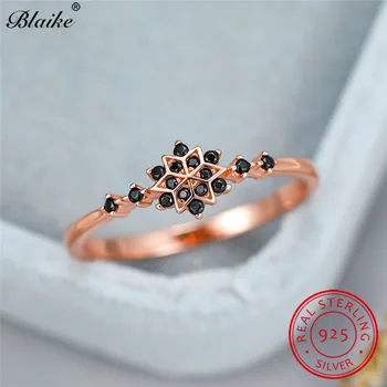 

925 Sterling Silver Flower Snowflake Rings For Women Rose Gold Blue Black Red Zircon Wedding Bands Engagement Thin Ring Stacking