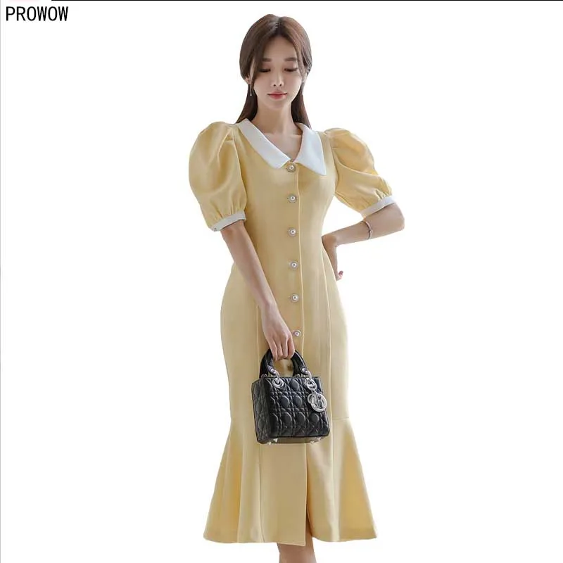 

Office Lady Female Dress 2020 New Summer Korean Chic Puff Sleeves Solid Color Elegant Vestidos Business Party Bodycon Work Dress