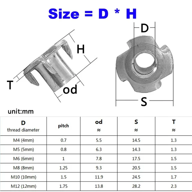 Dadi A T 4 Griffe In Acciaio Zincato - M3/M4/M5/M6/M8, Per Falegnameria E Lavorazione Legno