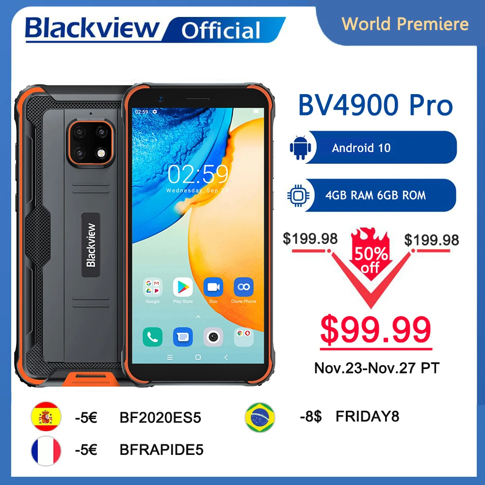  Blackview BV4900 Pro Прочный телефон 4 Гб Оперативная память 64 Гб Встроенная память Android 10 Мобильный телефон IP68 Водонепроницаемый 5580 мА/ч, 5,7 дюйм…