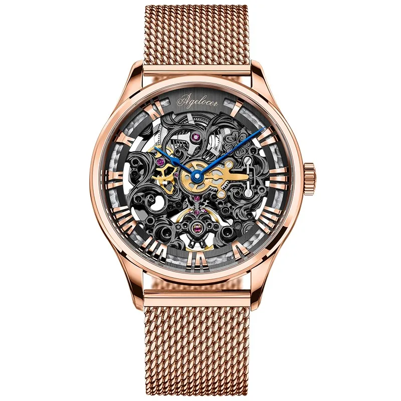 AGELOCER Reloj швейцарские черные мужские часы-скелетоны кожаные спортивные часы запас хода 80H часы наручные часы Relogio Masculino - Цвет: 5402D9