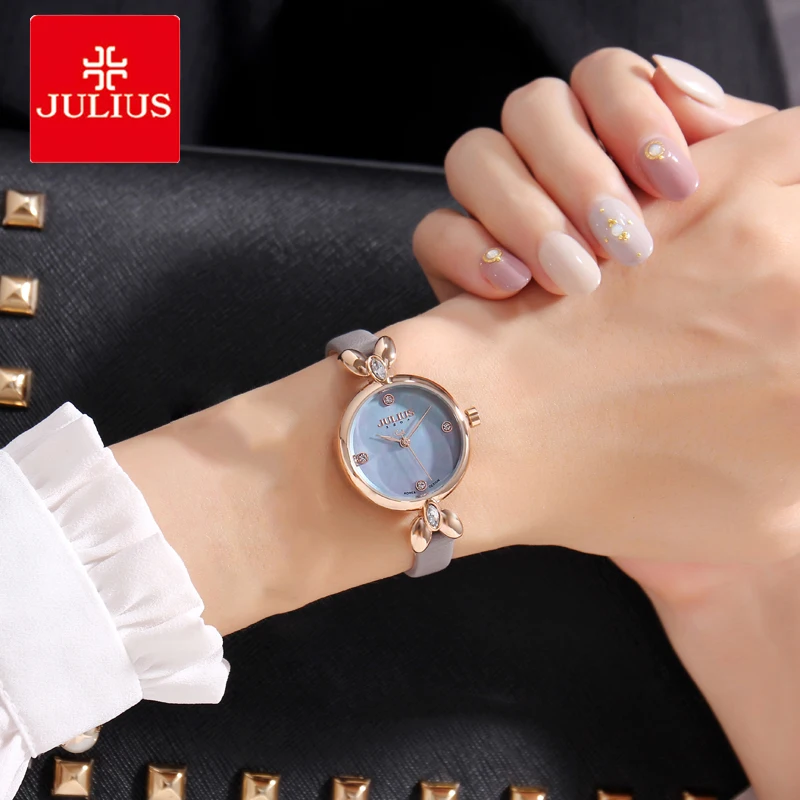 

Julius Elegant Womens Watches ladies Leather Straps Quartz Watches Crystal Shell Dial Female Dress Watch Clock Relogio Mulher