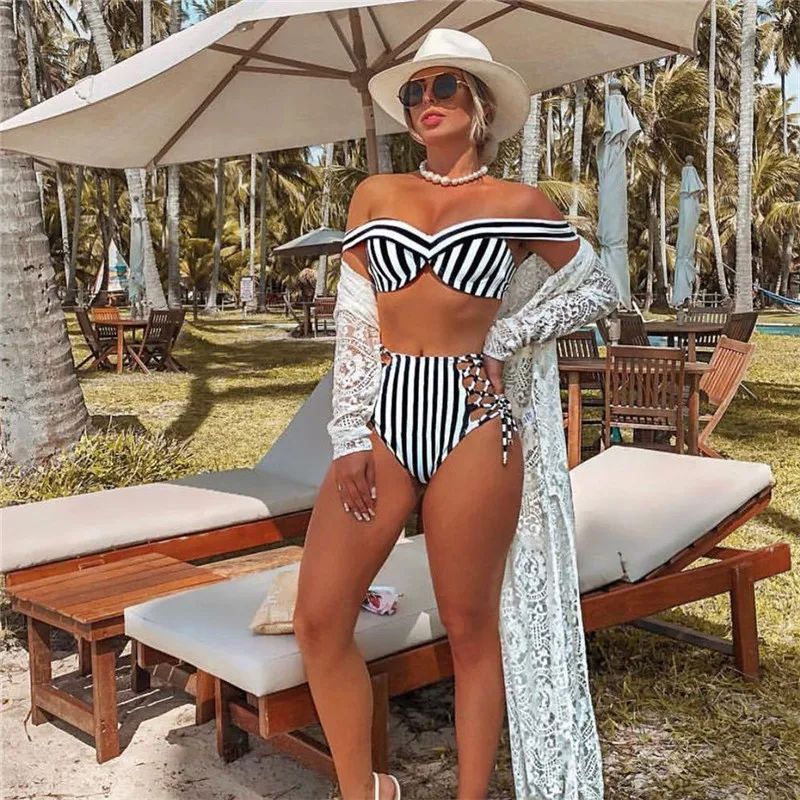 

2019 two piece striping Swimsuit high waist Bikini Women push up bikini bathing costume Sexy lady underwire string swimwear suit