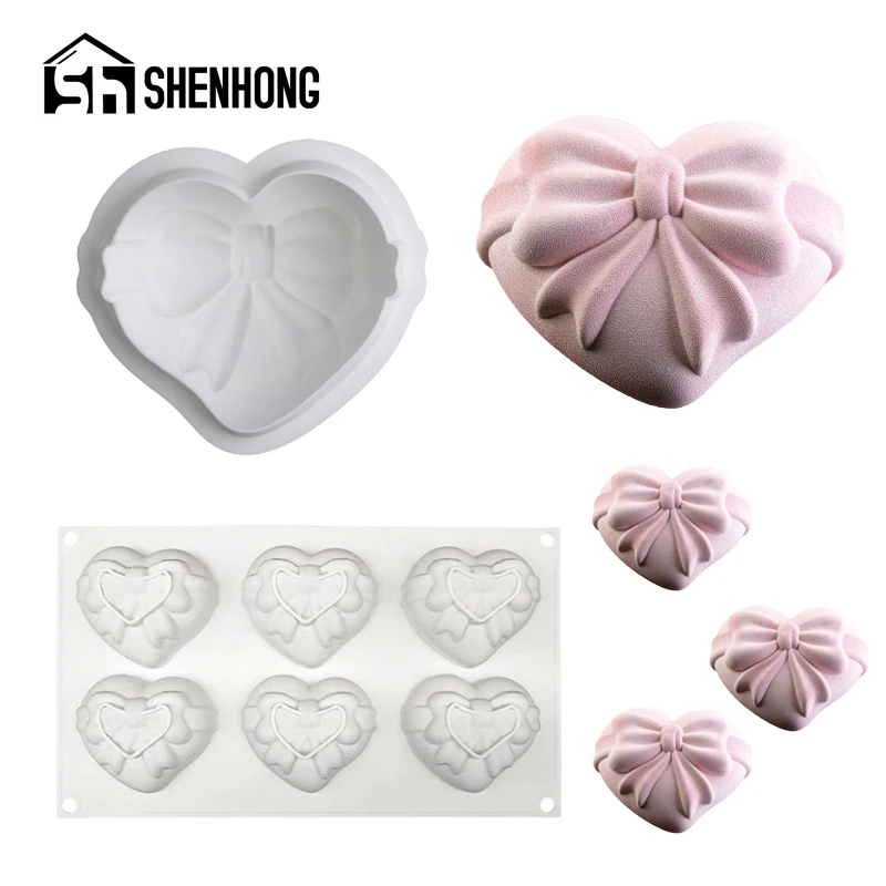 

SHENHONG Heart-Shaped Bow Design Silicone Cake Molds 1/6 Cavity Bakeware Set Mousse Moulds Valentine's Day Pastry Baking Tools