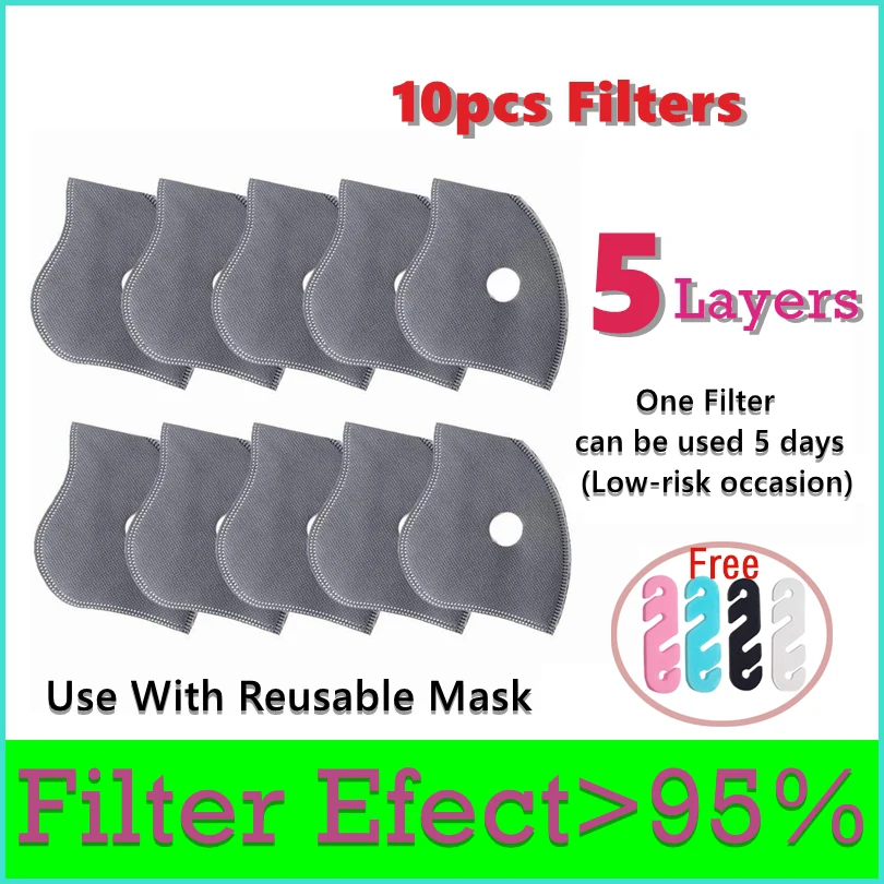 

10pcs PM2.5 KN95 Replacement Mask Gasket Anti-Dust spray Sport Respirator Filter Carbon 5 Layers Air Cleaner Dust Pollution Mask
