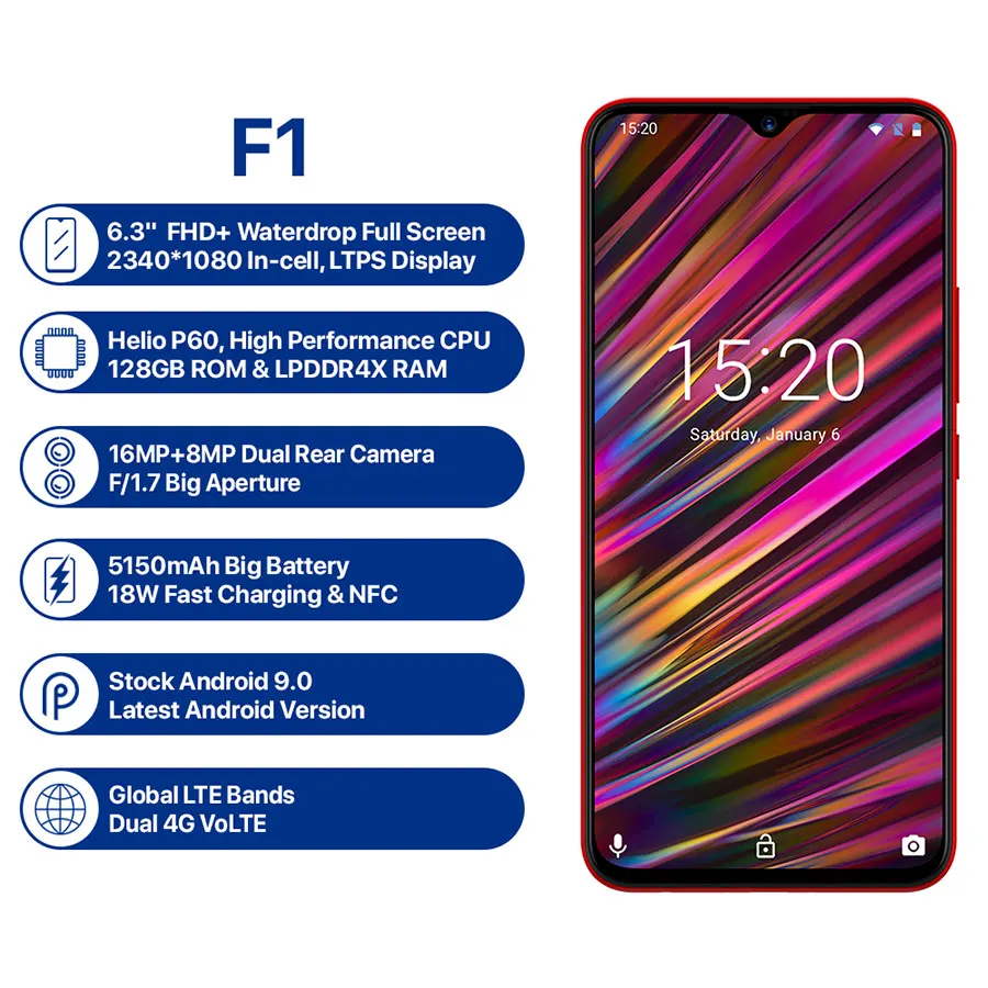 

UMIDIGI F1 Play Android 9.0 48MP+8MP+16MP Cameras 5150mAh 6GB RAM 64GB ROM 6.3" FHD+ Helio P60 Global Version Smartphone Dual 4G