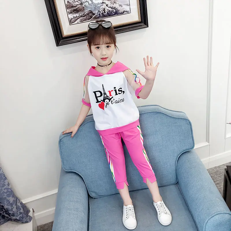 4-14T Girls Summer Clothes Set 2022 New Fashion Color Striped Hooded Two Pieces Clothing 110-160 High Quality
