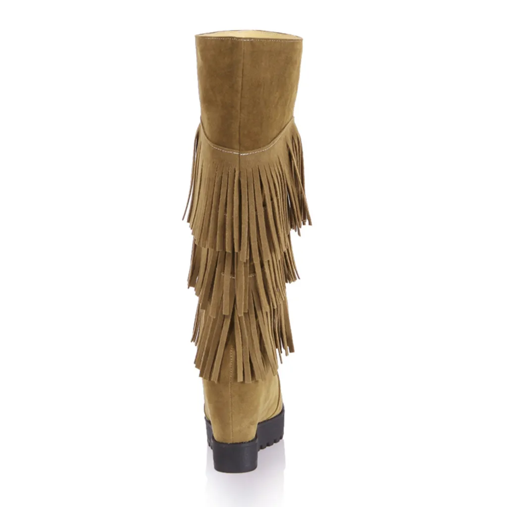 SAGACE Western Long Tassel Boots Women Winter Knee-High Boot Lady Vintage Rome Style Low Heel Shoes Suede Fringe Knight Botas