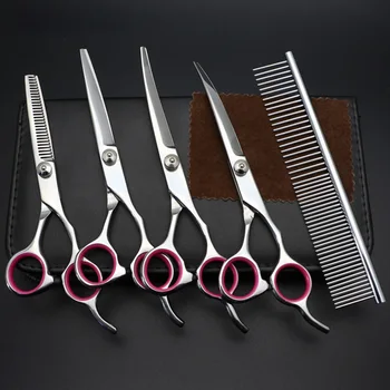 

5pcs 7inch Dog Cat Hair Cutting Stainless Steel Multifunctional With Comb Hairdressing Grooming Tool Pet Scissors Kit Thinning