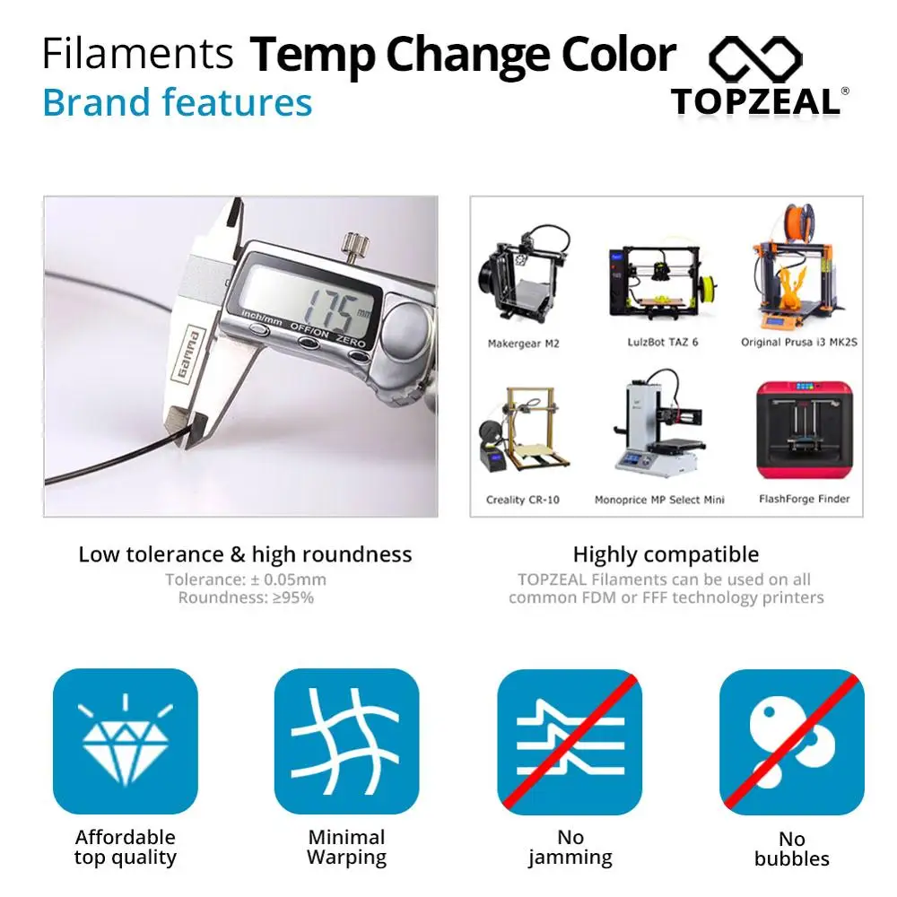 Filamentos de Cor Mudança de Temperatura Dimensional + - Vermelho para Branco Topzeal Impressora Precisão -0.05 1 kg Spool 1.75mm 3d Pla - Imagem 4