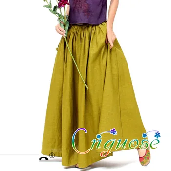 

2020 Plus Large Size Woman Retro Vintage Yellow Cotton Linen Casual Pastoral Style Female Women Long Skirts Skirt for Womens