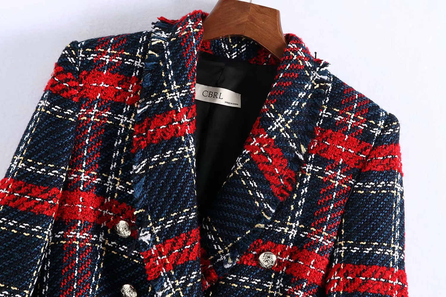 

2019 Spring New Style Western Style Double Breasted Tweed Plaid Suit Jacket