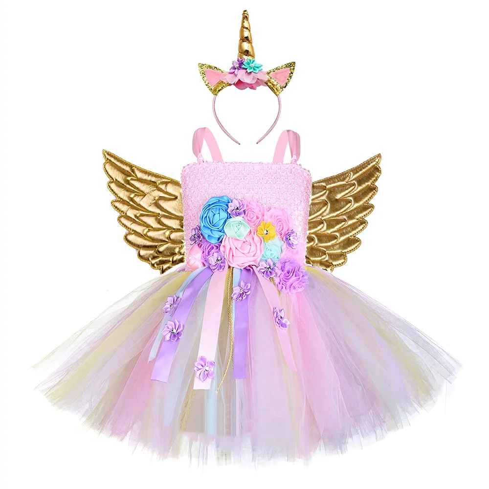 Платье принцессы с цветочным узором для девочек; Рождественский костюм феи с единорогом; повязка на голову с крыльями; платье для дня рождения с единорогом; однотонное розовое платье-пачка