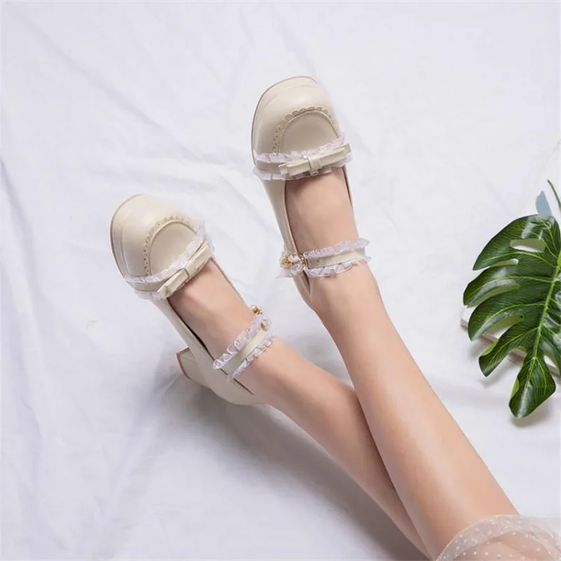 2020 Spring New Sweet Bow Women Pumps Lolita Shoes Fashion Lace Thick 5cm High Heel Buckle Strap Shoe Pumps Woman Big Size 30-46 (6)