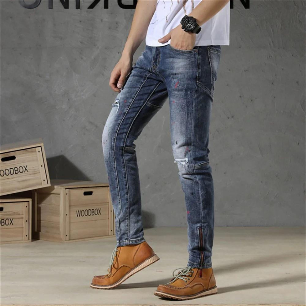 EH·MD® Spliced Ink Paint Jeans Men's Loose Slim Fit Scratched Holes Zipper Calf Pants Breathable Three-dimensional High Stretch