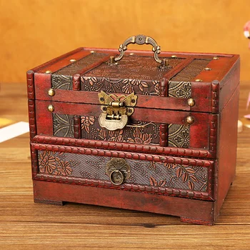 

European style retro small jewelry box, Chinese antique jewelry earrings with lock makeup box, with mirror
