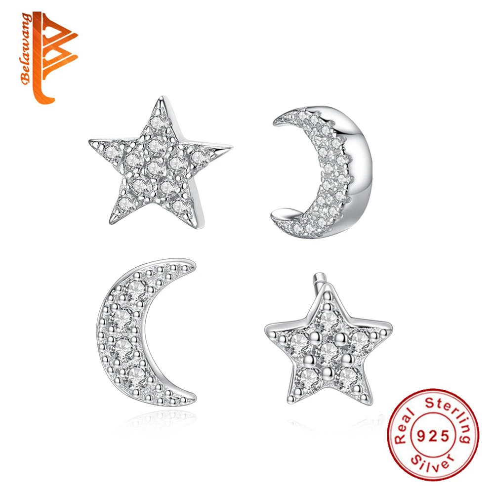 Classic Cubic Zirconia Moon Star Stud Earrings Wedding 925 Sterling Silver for Women Girls Brincos Bijoux Jewelry Gift | Украшения и