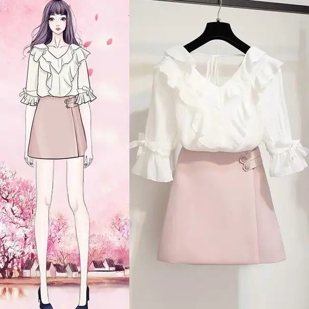 Женский комплект из 2 предметов Повседневная Блузка с оборками и мини юбка узкий