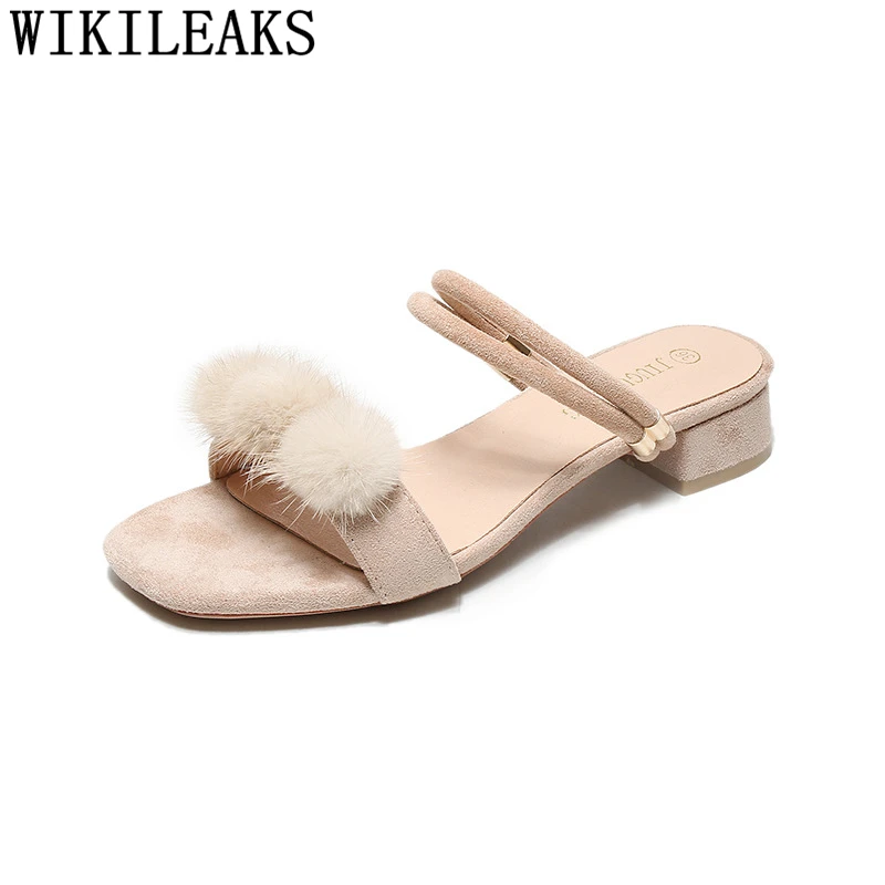 

Сланцы женские на низком каблуке, меховые шлепанцы, дизайнерские Роскошные, летняя обувь, большие размеры, 2024