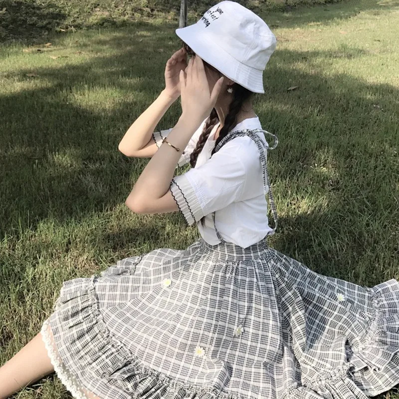 Kawaii Лолита юбка японский стиль 90 подростков мягкая Сестра Дейзи аппликации кружева лоскутное рюшами Сарафан в клетку юбки