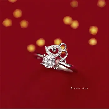 

New Arrival Cute Mouse Crystal Flash Exquisite 925 Sterling Silver Jewelry Personality Luxury Animal Opening Rings SR610