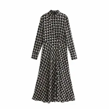

new women vintage stand collarcontrast color printing midi dress female long sleeve casual vestidos chic party dresses DS2983