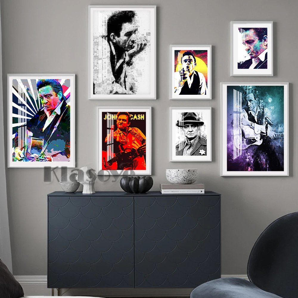 

Johnny Cash Country Music Singer Pop Art Portrait Poster Star Watercolor Black White Print Wall Picture Living Room Home Decor