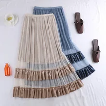 Осенняя и зимняя новая приталенная юбка в Корейском стиле с высокой талией и сеткой, Золотая Бархатная плиссированная юбка средней длины, юбка для женщин