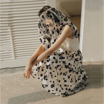 

LANMREM polka dots printed organza pullover see throw sexy top with inner and A-line halfbody long skirt set WM09401M