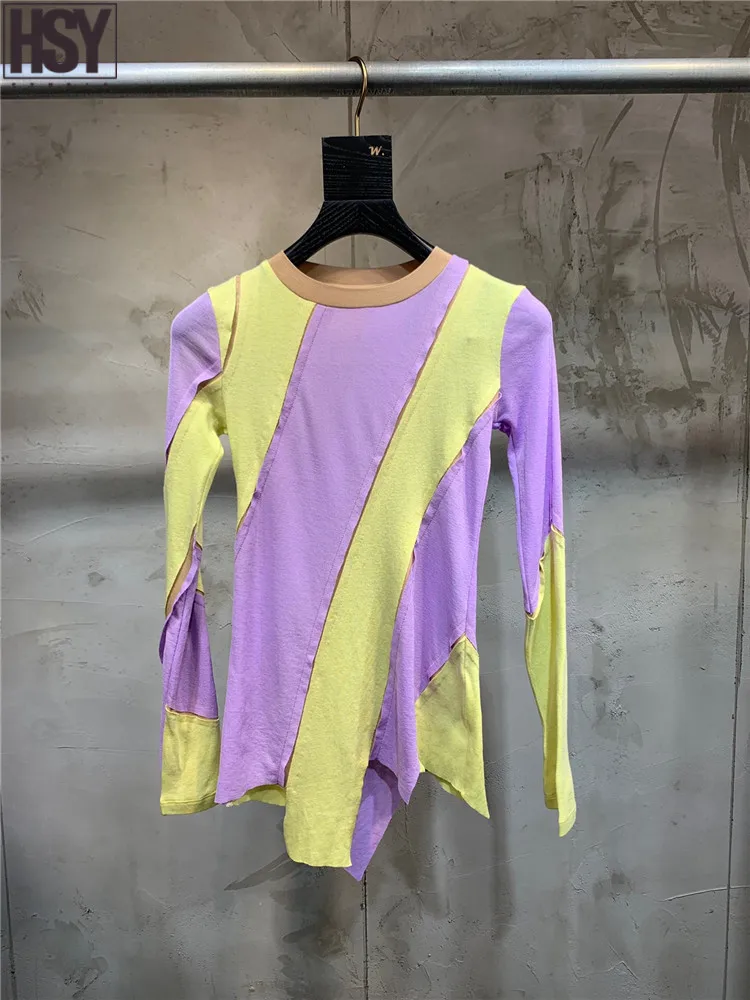 【HSY】2019 Autumn Winter New Women Elegance Top Irregularly Tailored Color Matching Long Sleeve O-neck T-shirt |