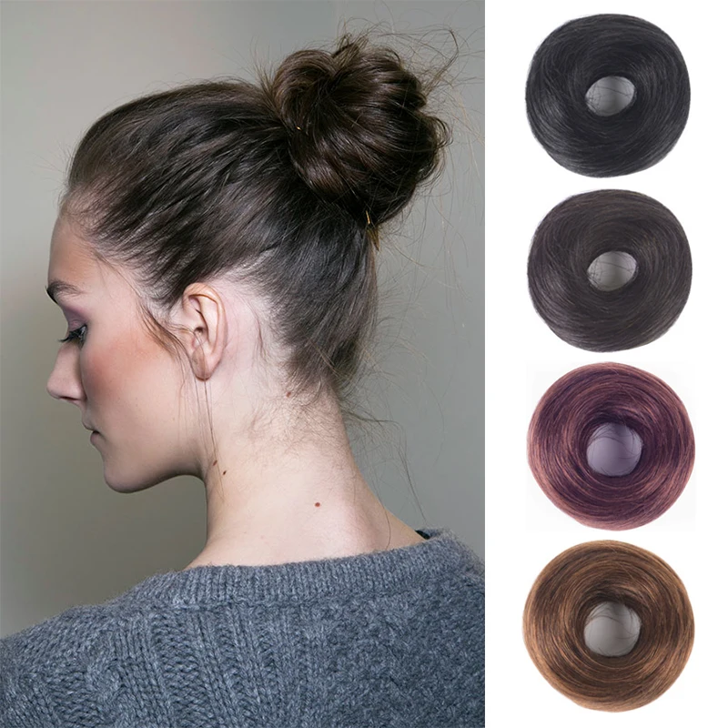 Moño de rosquilla brasileño para hombres y mujeres, cabello humano Remy, moño, anillo de Donuts, extensión de cabello marrón y negro, 4 colores, piezas de moño