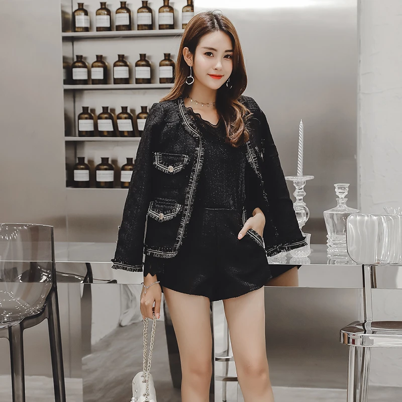 

2019 Autumn Winter Tweed 2 Piece Set Women Slim Plaid Button Pockets Short Jacket Coat + Elegant Fashion Shorts Suit Two Piece