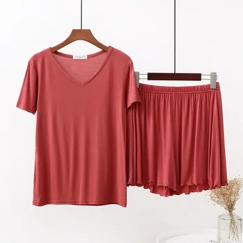 

Summer Women's Modal Loose Pajamas Suit V-neck Solid Color Short Sleeve Shorts Home Wear Shorts Outer Wear