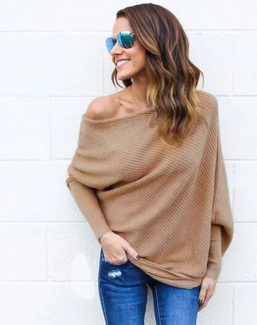 Women Sexy Slash Neck Solid Knit Sweater Elasticity Autumn Winter Knitted Long-sleeved solid sweater Loose Cotton Tops Pullovers