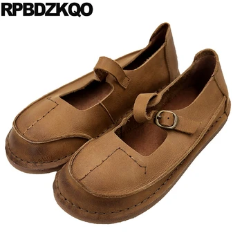 

rubber sole ladies high quality round toe genuine leather designer shoes women luxury 2019 flats chinese china brown vintage