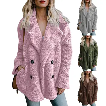 

2019 Plus Size Fashion Women Solid Color Lapel Button Warm Causal Loose Woolen Coat All-match Single Breasted Women's Overcoat