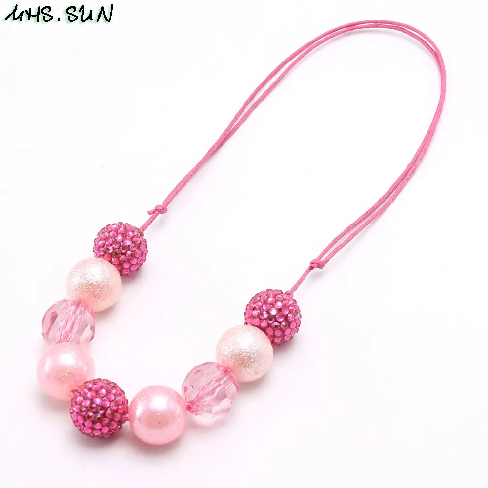 MHS.SUN New design baby chunky beads necklace diy red color bubblegum beaded necklace for kids girls adjustable rope jewelry 1pc