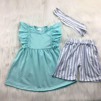 

solid color ruffle with stripe summer girl short set