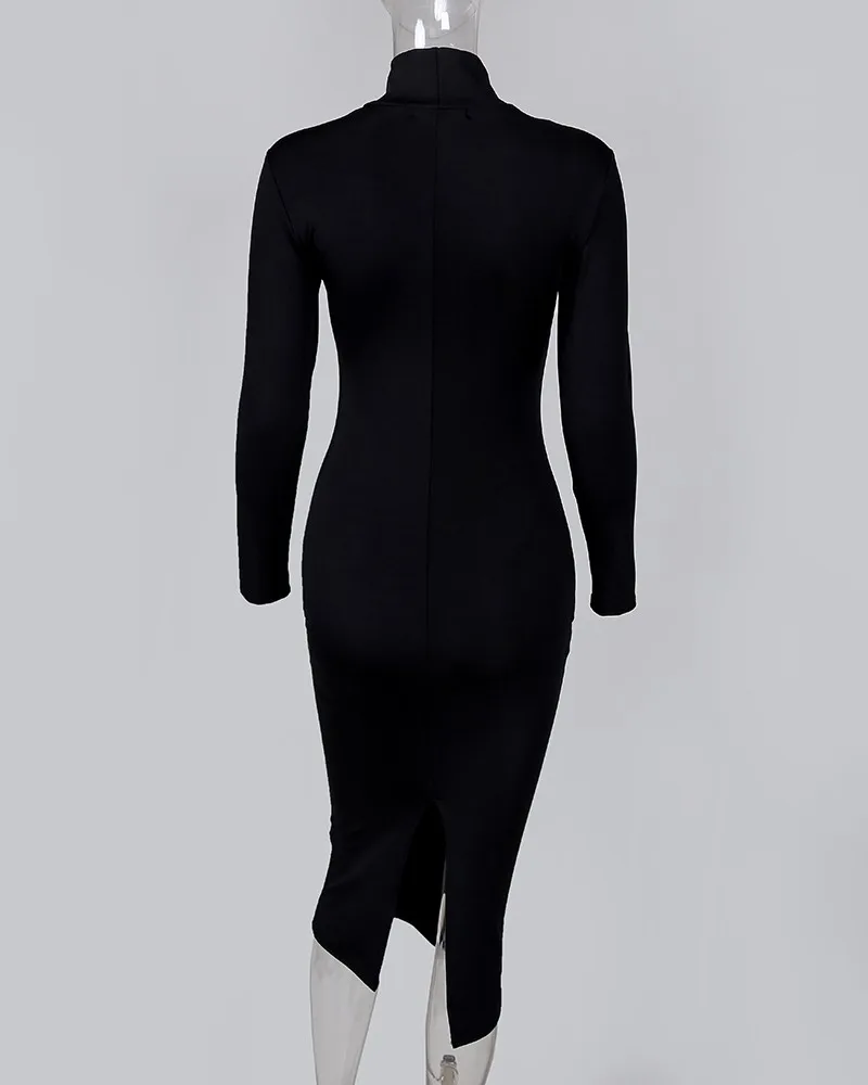 High Neck Long Sleeve Slinky Midi Dress Women Elegant Solid Skinny Bodycon Party Dress(Without Belt