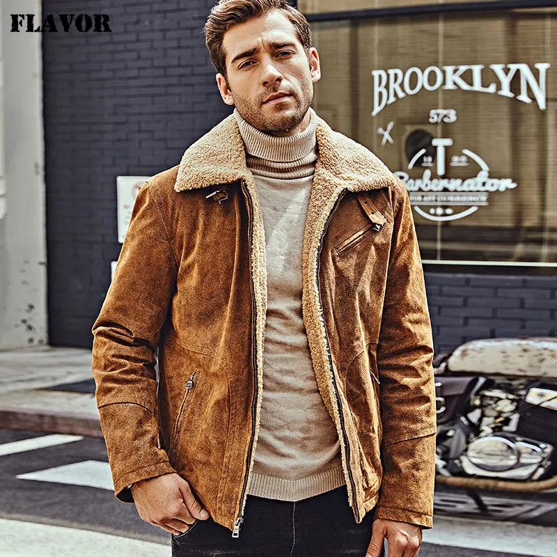 

FLAVOR New Men's Genuine Leather Motorcycle Jacket Pigskin with Faux Shearling Real Leather Jacket Bomber Coat Men