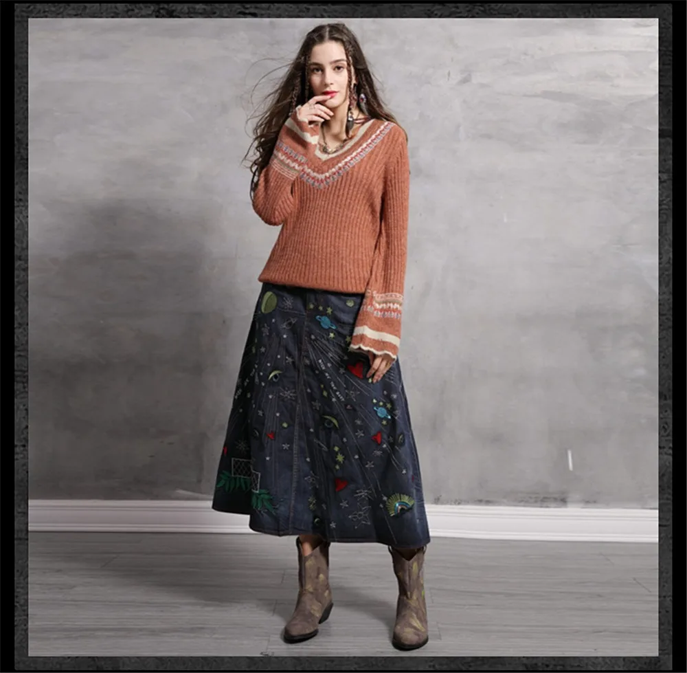Spring Women Embroidery Loose Sweater 2020 Knitting Cotton Wool Pullover Flare Sleeve V neck Christmas bottoming Sweaters 9268 (11)