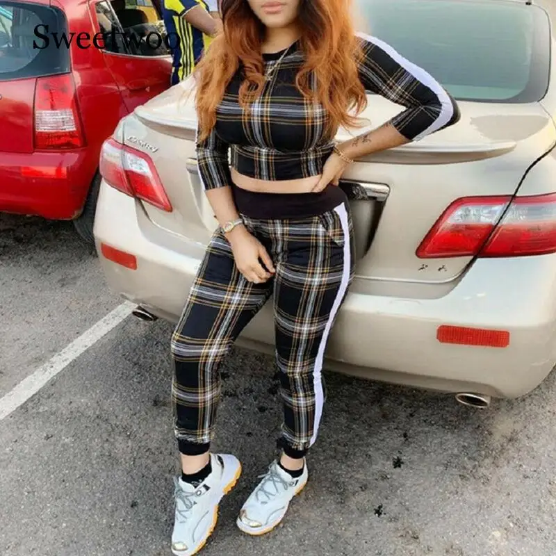

Plaid Print Two Piece Top Pants Yoga Set Women Crop Long Sleeve Top And Slim Pants Matching Set Female Party Club Sports Outfits