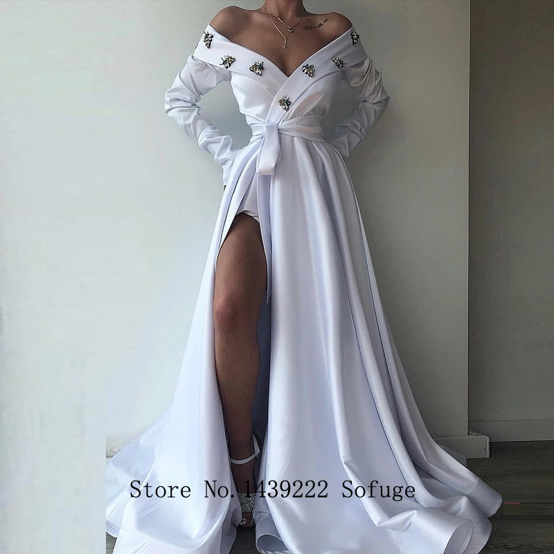 

White Satin Off The Shoulder Evening Dresses Slit Prom Pleat Aline Vestidos De Fiesta De Noche Robe De Soiree Plus Size