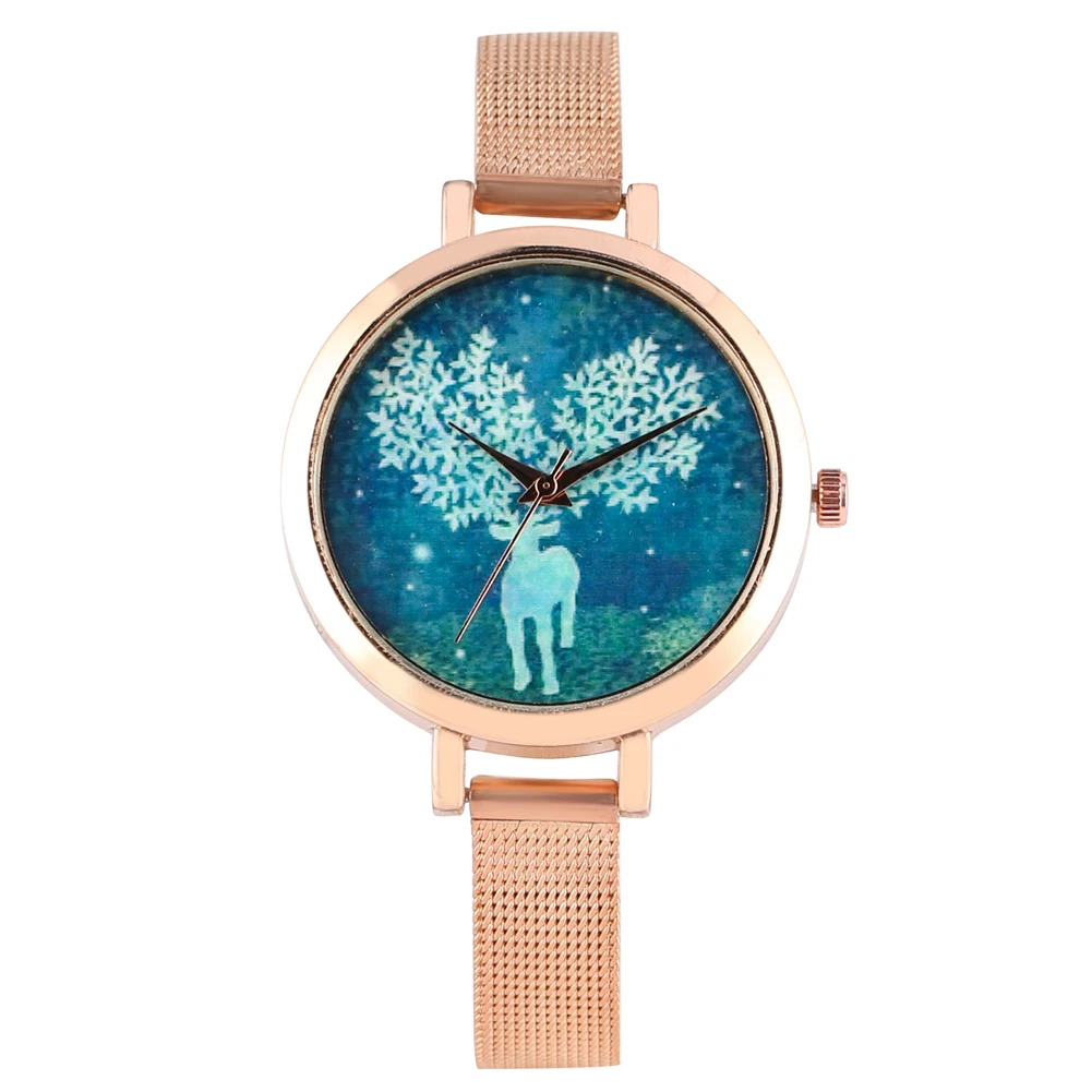 

Exquisite Women Quartz Watches Gold Band Adorable Blue Elk Dial Female Bangle Wristwatch Pin Buckle Lady Timepieces Clock 2019