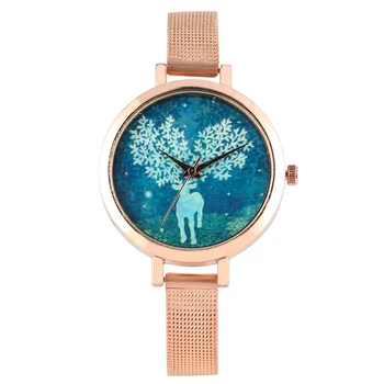 

Fashion Quartz Women Watches Gold Band Adorable Blue Elk Dial Pin Buckle Lady Timepieces Clock Female Bangle Wristwatch 2019