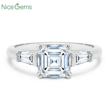

NiceGems 14K White Gold Asscher cut Moissanite Trilogy Engagement Ring Center 7x7mm 4-double prong with tapered baguettes ring