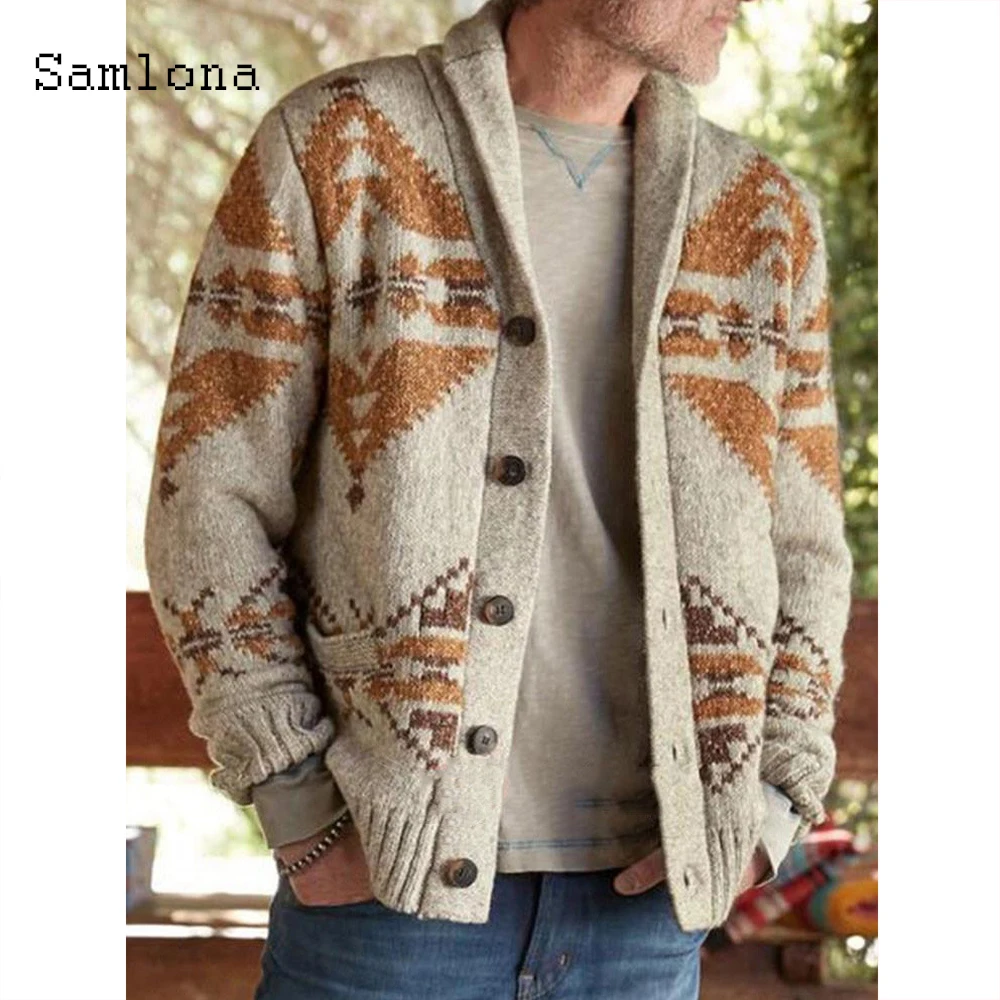 Samlona 2024 Knitting Sweater Mens Spring New Vinatge Argyle Printed Sweaters Cardigans Plus Size Male Warm Plush Outerwear